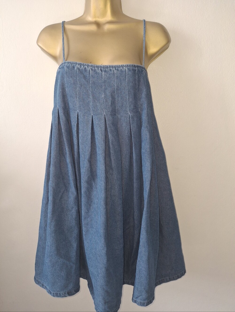 Denim Blue Spaghetti Strap Pleated Mini  Dress
